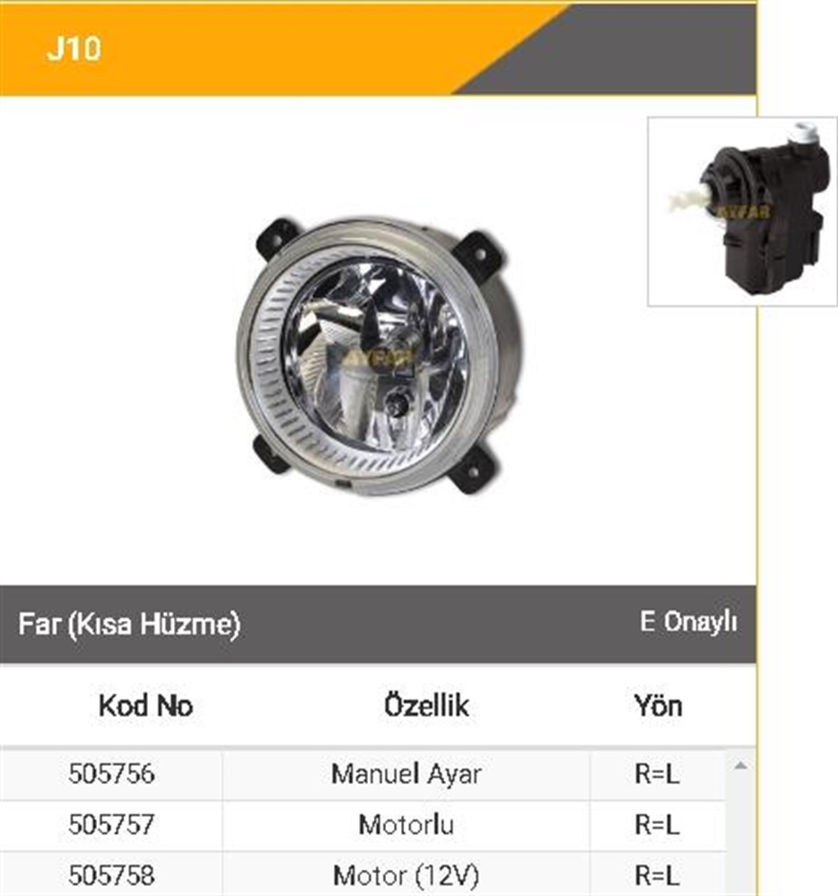 Far Ford Cargo Kısa J9 Premier 08-h7 Manuel J10 505756 / (parklı) (180 Mm) | Ayfar 505756