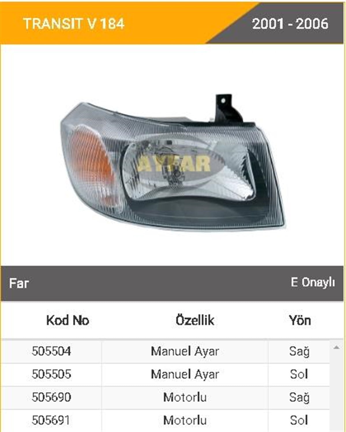 Far Ford Transit V184 2000-2006 Sağ--ayf-505504 | Ayfar 505504