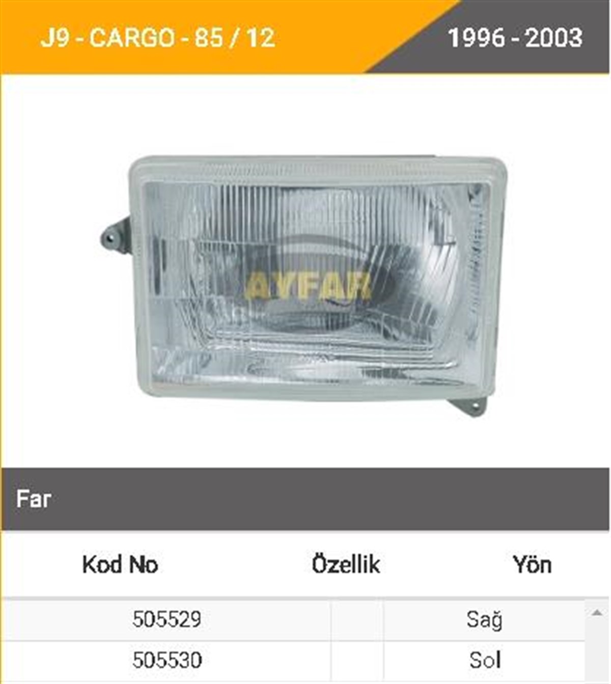 Far Iveco J9 Karsan Cargo Sağ Iveco Ym -505529 | Ayfar 505529