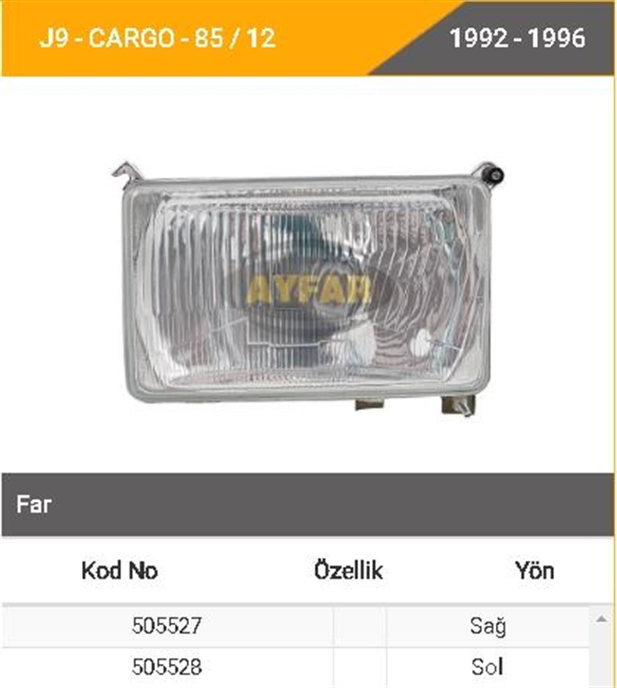 Far J9-cargo Reflektör Sol | Ayfar 505528