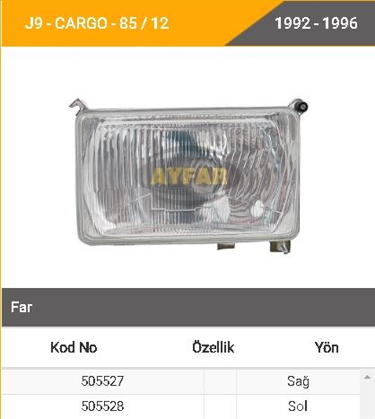 Far J9-cargo Sağ  505527 | Ayfar 505527