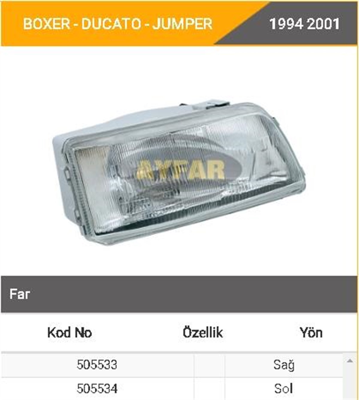 Far Pejo Boxer Ducato Cıtroen Jumper Sol---505534 | Ayfar 505534