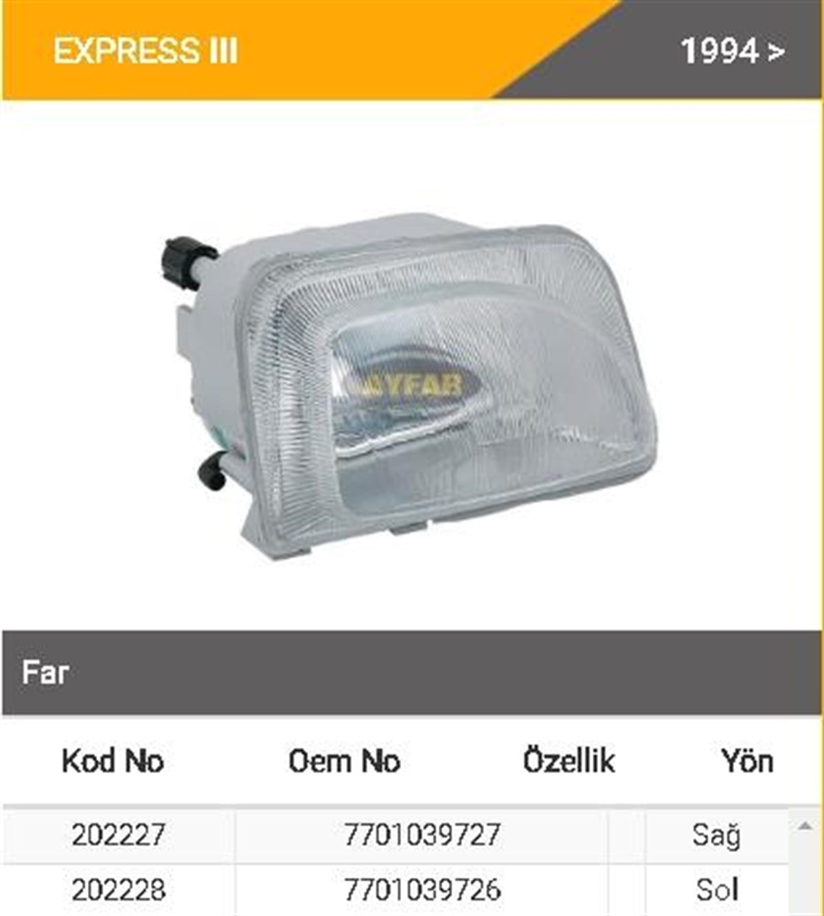 Far Renault Express 3 Sağ Ayf202227 | Ayfar 202227