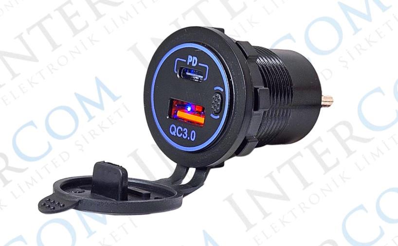 Marin Plastik Çakmak Yuvası 12-24v Butonlu Type-c + Usb Mavi Led |