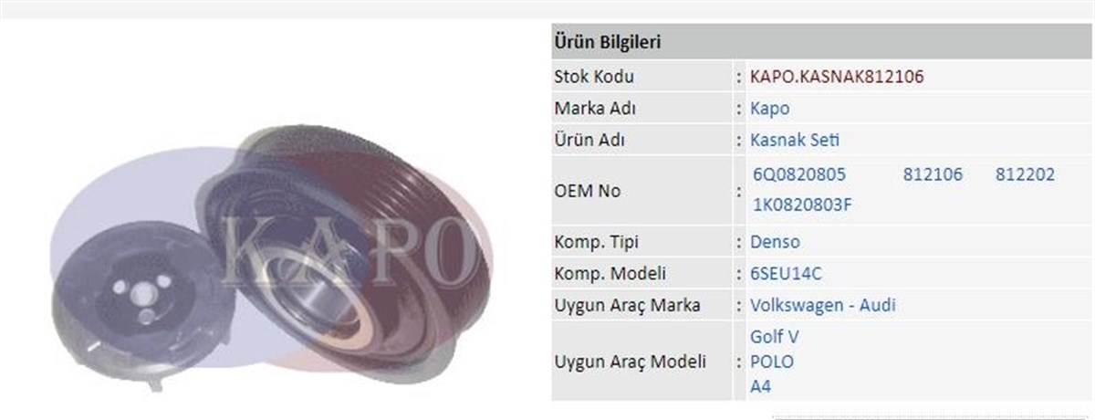 Klima Kompresör Kasnak Seti 6pk 115mm Vw Golf Caddy Audi Seat | Kapo Kasnak812106