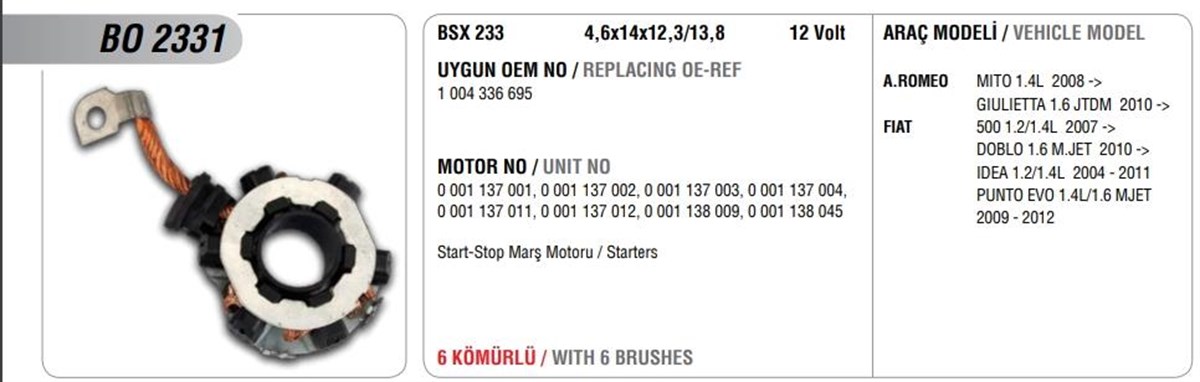 Kömür Yuvası 12v Bsx233-6 Bmw Doblo Punto Renault Clio Iv Captur Megan | Mega Bo2331