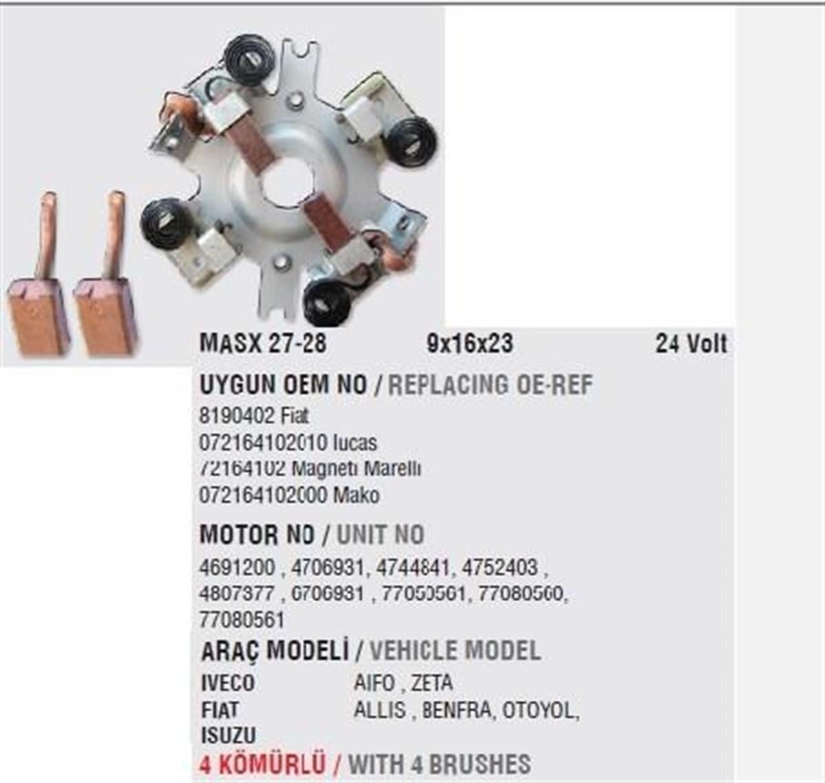 Kömür Yuvası 24v 9x16x23 Iveco Fıat Allıs Otoyol Isuzu 35nc 50nc Otoyol Iveco | Mega Ma7281