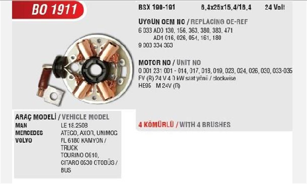 Kömür Yuvası 24v Mercedes Volvo Kırkayak Ford Man Mercedes Atego Axor Scanıa Atego | Mega Bo1911