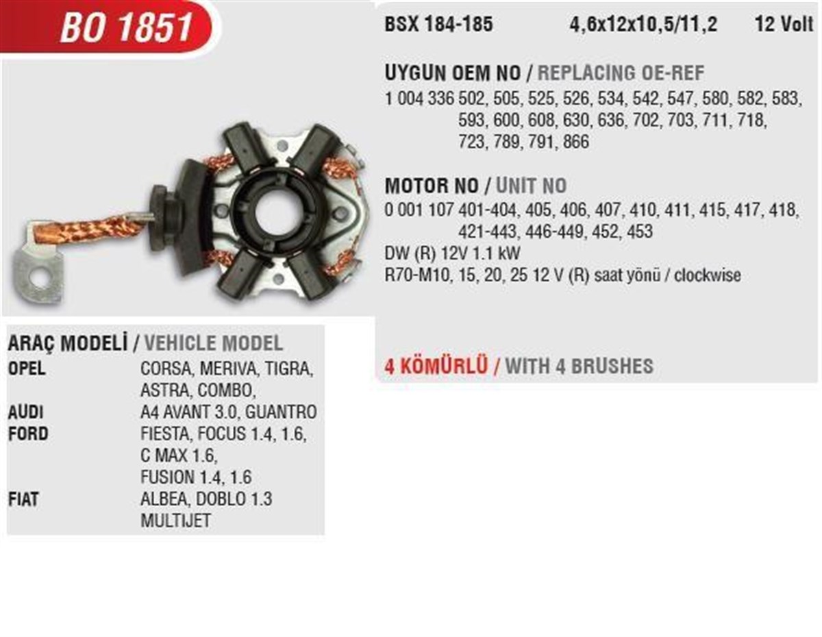 Kömür Yuvası Opel Corsa Audı Ford Fısuon Toyota Corolla Avensis Bmw 1004336534 | Bosch 1004336534