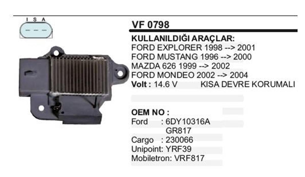 Konjektör 12v Ford Escord Mazda 626 Kömürsüz 3fiş Motocraft Tip Vrf817 Vf0798 | Vertex Vf0798