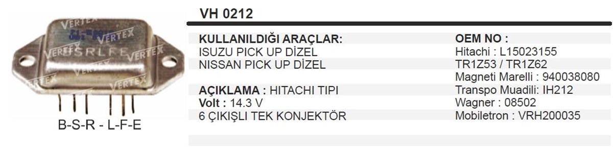 Konjektör 12v Isuzu Hıtachı 6uçvrıh212 | Vertex Vrıh212
