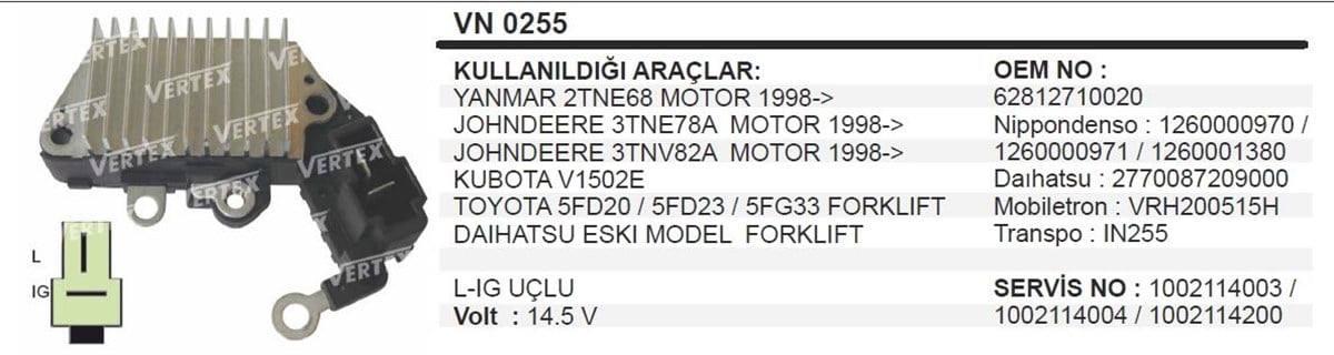 Konjektör 12v Toyota Forklift Johndeere Yanmar Kubota | Vertex In255