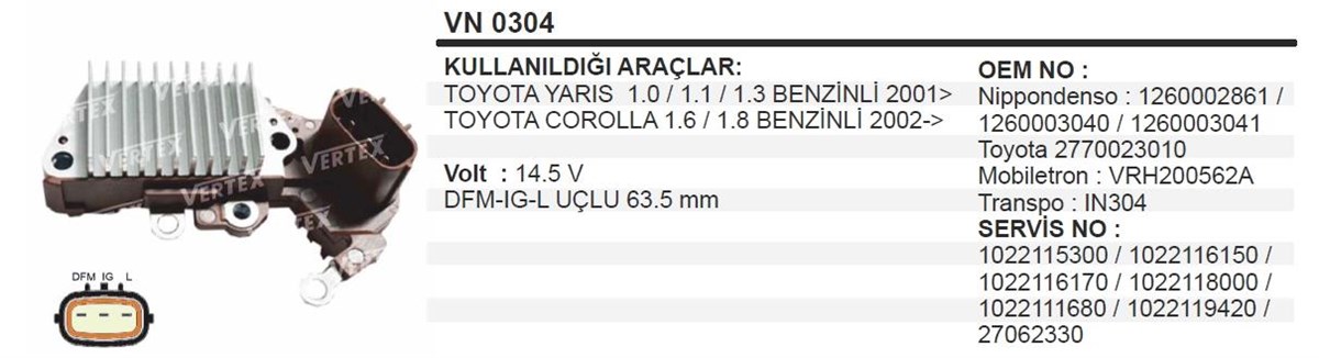 Konjektör 12v Toyota Yaris Corolla--2005-62-ın-304 | Vertex In304