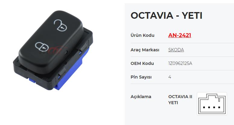 Merkezi Kilit Anahtarı Octavia 2 Yeti |