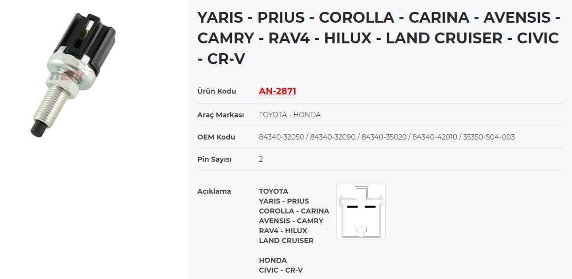 Fren Pedal Müşürü Toyota Yaris Corolla Avansıs Rav4 Hılux |