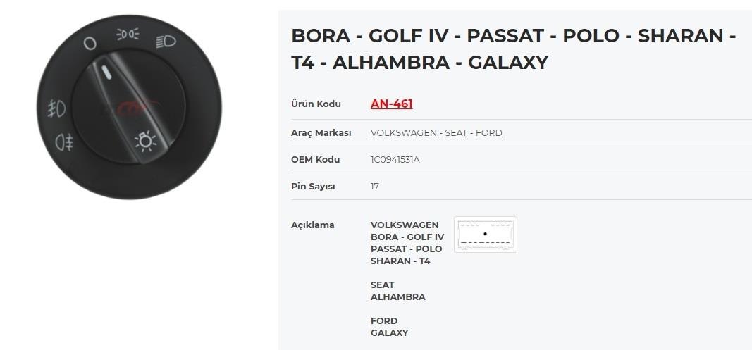 Far Anahtarı Volkswagen Passat 17 Pin Ön Arka Sisli T4 |