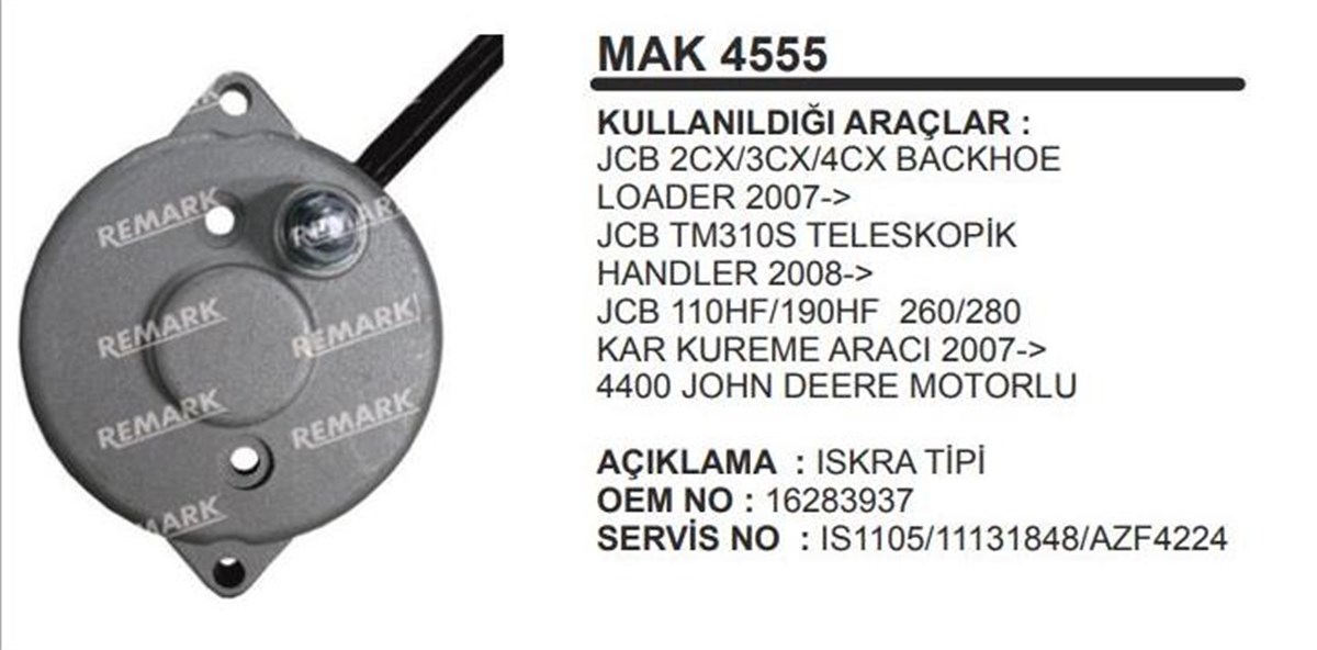 Marş Arka Kapak Jcb Bockhoe Bekoloader Kar Küreme Aracı Johndeere Iskra Jcb/johndeere 4,2kw Mak4555 | Remark Mc4555