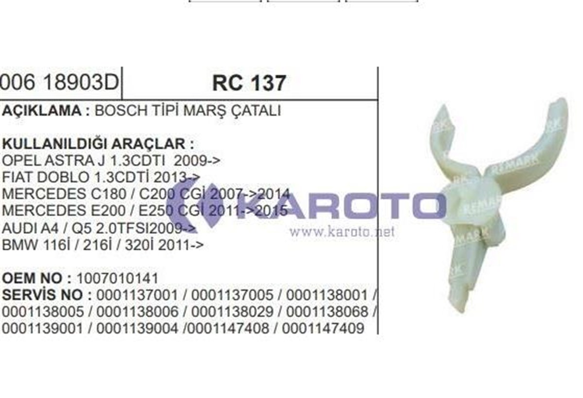 Marş Çatalı Opel Astra J Doblo Mercedes C180 C200 E200 E250 Audi A4 Q5 Bmw | Remark Rc137