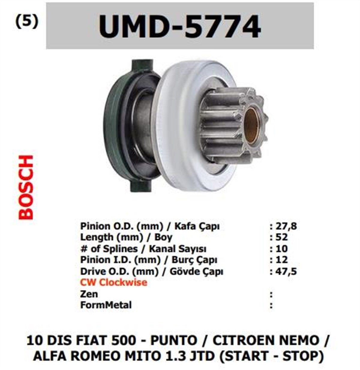 Marş Dişlisi 10diş Fıat 500 Punto Cıtroen Nemo Fıat Doblo/fıorıno/alfa Romeo Mıto/gıulıetta 137-138 Seri Zen.1908 | Ith Mdumd5774
