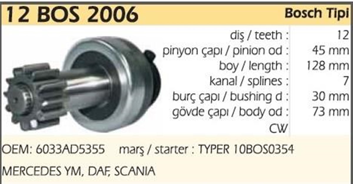 Marş Dişlisi 12diş Mercedes Daf Scanıa Ym (kilitli Freze Freze Kısa) | Typer 12bos2006