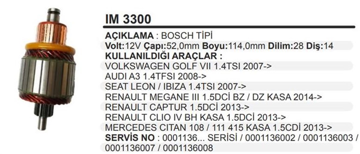 Marş Kollektörü 12v Volkswagen Audi Seat Renault Megane Iıı Clio Boy:114 Mm 14 Dıs | Martek Im3300