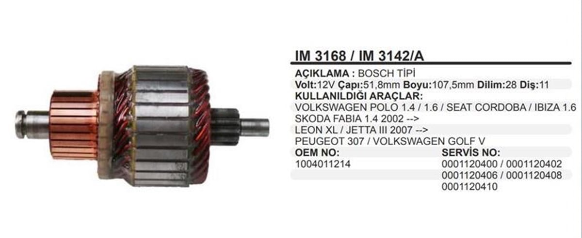 Marş Kollektörü 12v 11diş Vw Polo Seat Cordoba İbiza Skoda Fabia Golf Jetta Peugeot 307 Audi A2 A3 Bosch Tip Im3142a Im3168 | Wınwın Im3168