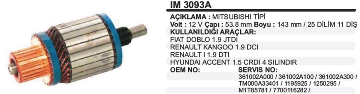 Marş Kollektörü 12v 11diş Fıat Doblo Kango Hyundai Accent Cherok İçi Uyuk Im3093a | Ith Im3093a