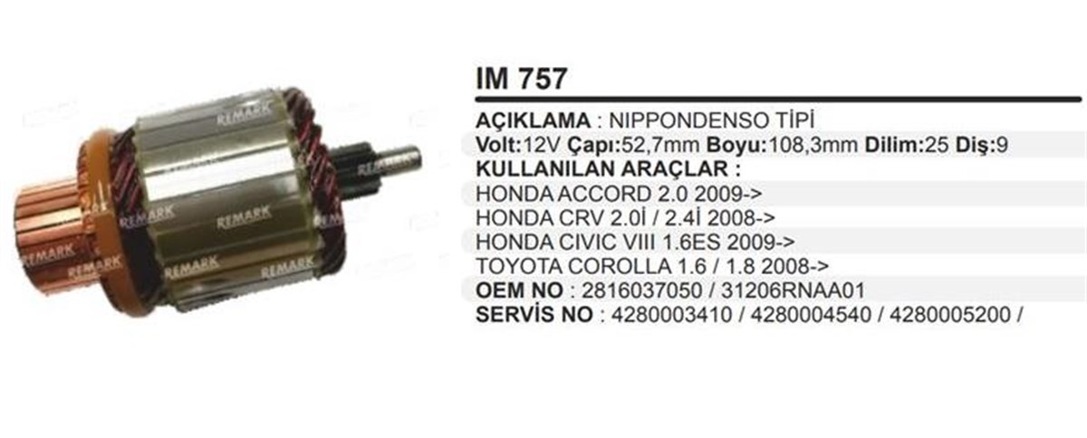 Marş Kollektörü 12v 9diş Honda Accord Crv 2009->cıvıc Vııı 1.6 Es Toyota Corolla Yaris Bmw Subatu Kubota Husqvarna | Martek Im757