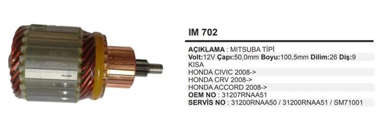 Marş Kollektörü 12v 9diş Honda Cıvıc Crv Accord Boyu 100,5 Mm (bakırın Oradan Dişlili) | Martek Im702