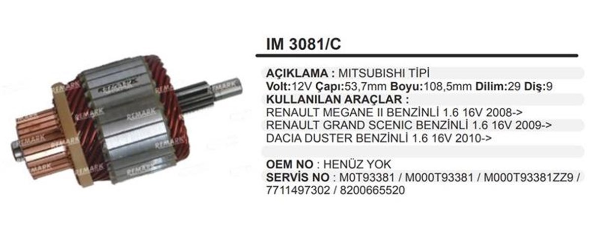Marş Kollektörü 12v 9diş (gövdesi Uzun) Renault Megan Iı Dacıa Duster Scenıc Mazda 53,5*106.5*9diş Im3081 Uzun | Ith Im3081u