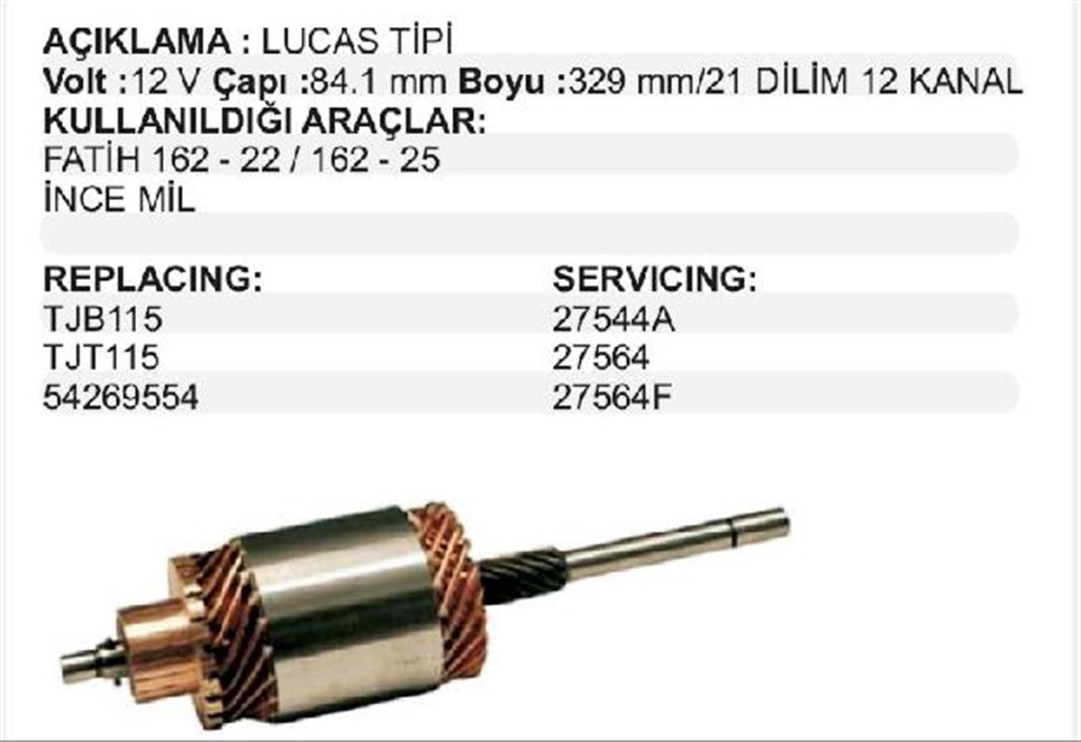 Marş Kollektörü 12v Fatih Kamyon (luca-tjt115-ince Mil Sekman Takılan Mil Çapı 14mm) Tjt115 | Lucas Tjt115
