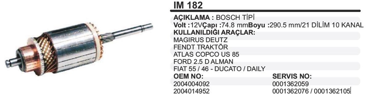 Marş Kollektörü 12v Magirus 74.8x290 162 Same 55 46 Ducato Daily Atlas Ford 25 Magırus Deutz Fiat 540 Bosch Tip | Ith Im182