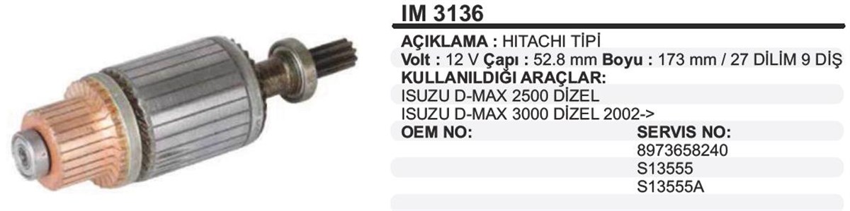 Marş Kollektörü 12v Isuzu D-max 2500 3000 52.8x173x9 Im3136 | Ith Im3136