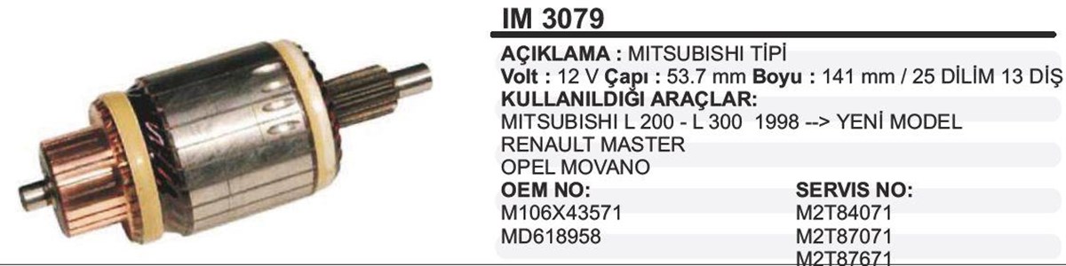 Marş Kollektörü 12v L200 L300-h100 Ym (rulmanlı) Renault Master Opel Movano 53.7x141x13 | Martek Im3079