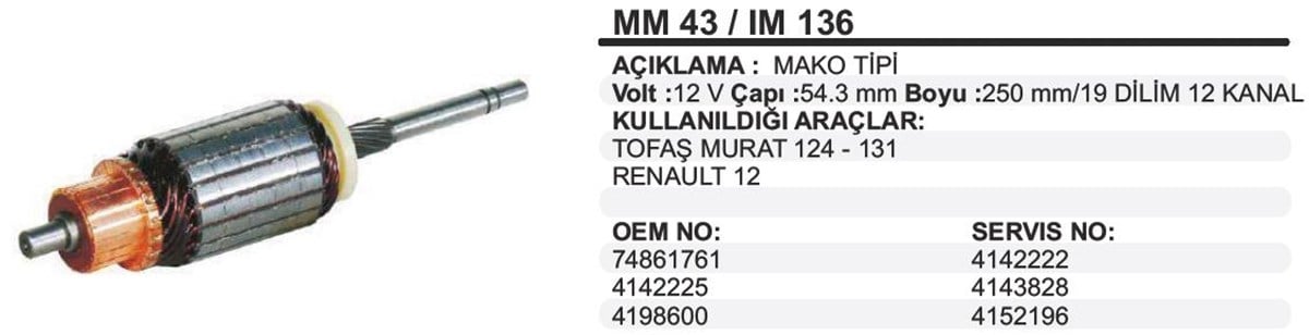 Marş Kollektörü 12v M124 R12 Dkş Tofaş Murat 124 131 (761) Sekmansız Im43 Im136 74861761 | Wınwın Im136
