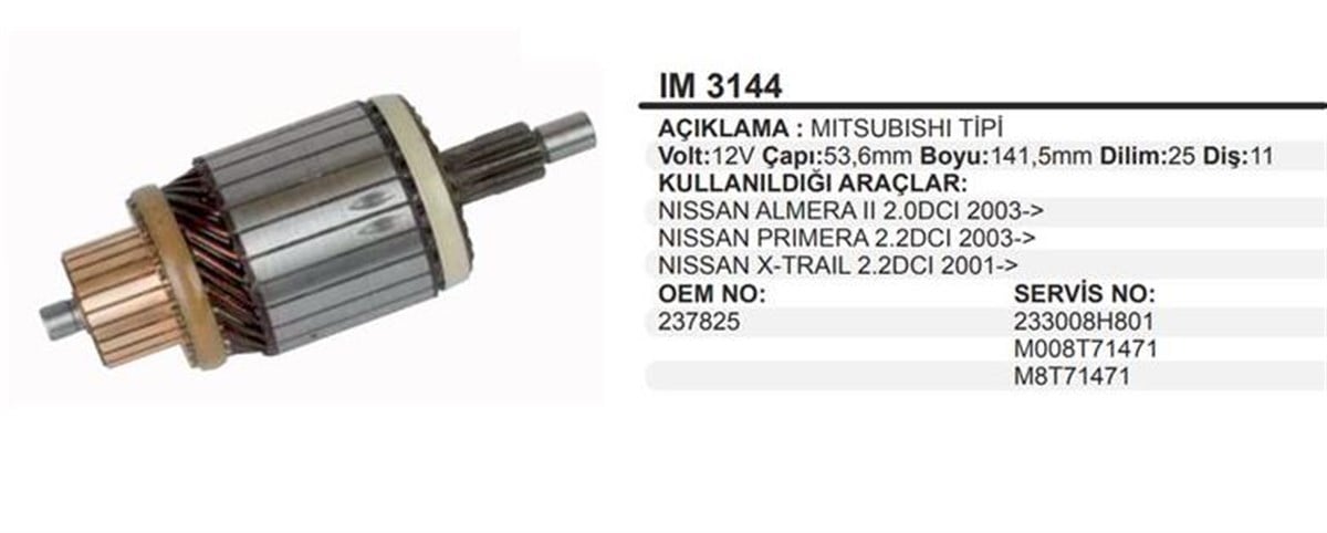 Marş Kollektörü 12v Nissan Primera Almera X-trail Skystar 2.5 Tdı | Martek Im3144