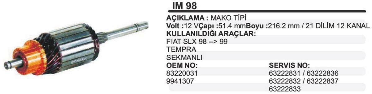 Marş Kollektörü 12v Dogan Slx Uno Tempra (sekmanlı) 83220031 Im98 Çapı-51.4 Boyu-216.2 Kanal-12 Dilim-21 | Std Im98