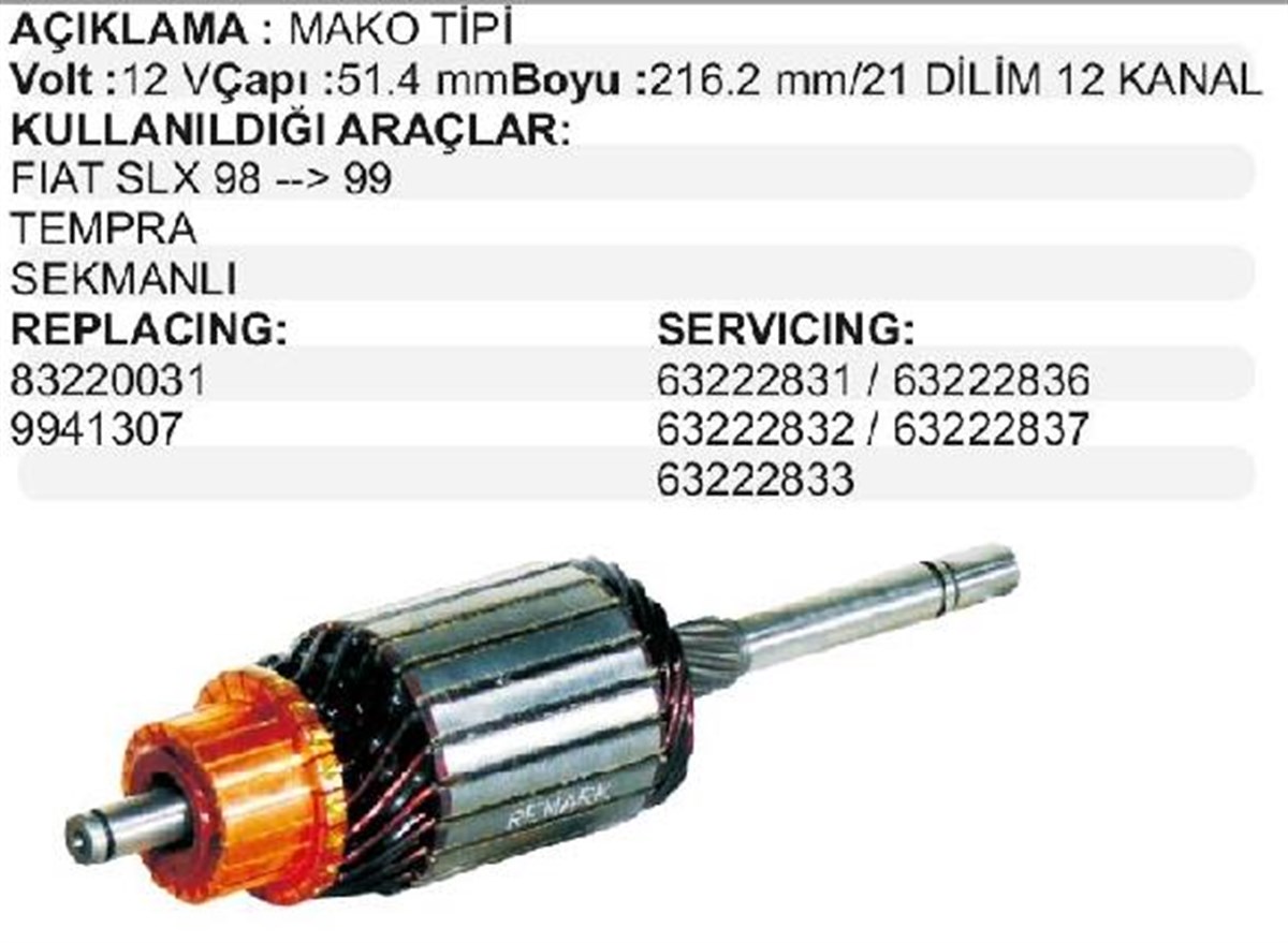 Marş Kollektörü 12v Dogan Slx Uno Tempra (sekmanlı) 83220031 Im98 Çapı-51.4 Boyu-216.2 Kanal-12 Dilim-21 | Mako 83220031
