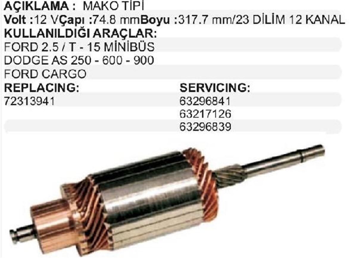 Marş Kollektörü 12v Ub Kf Bmc Mf Ford As250 As950 As900 As600 72313941 Ford Transit 2.5 Dizel | Mako 72313941