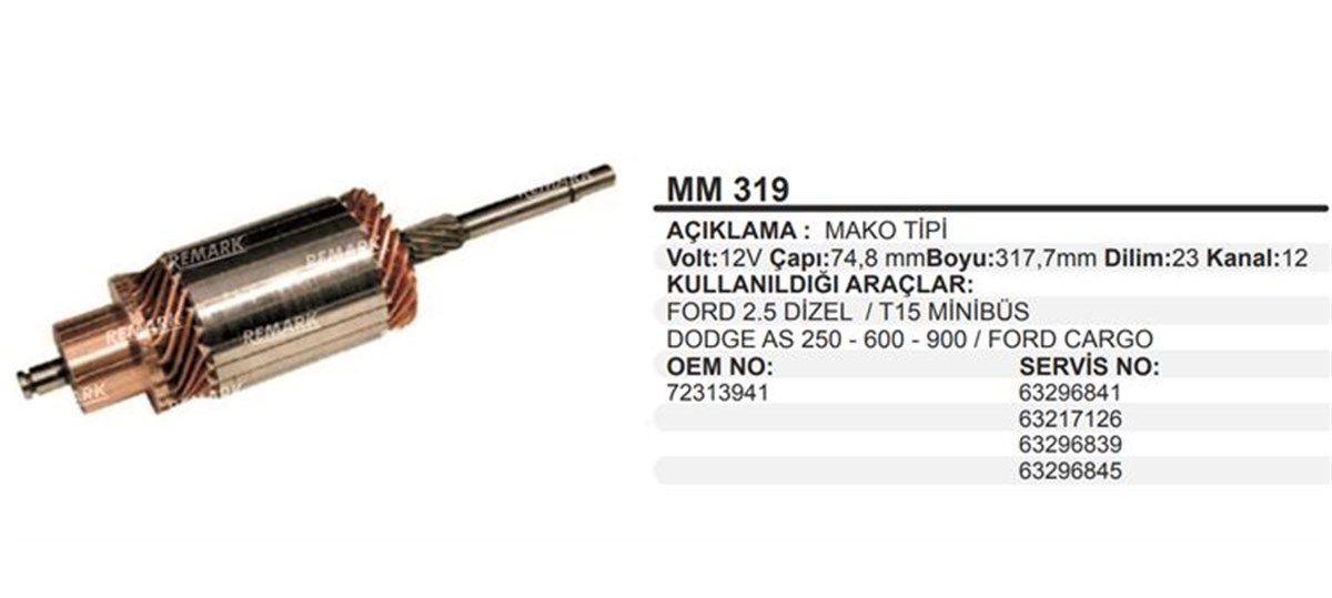 Marş Kollektörü 12v Ub Kf Cargo Ford-dodge-ub/kf(941) Ford Transit 2.5 Dizel 72313941 Im319 | Martek Im319