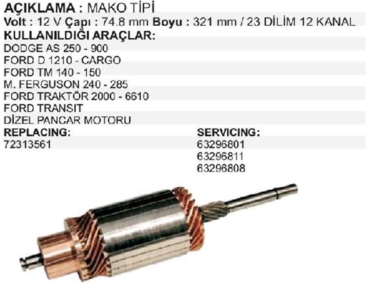 Marş Kollektörü 12v Ub Kf Transit Pancar Mf Ford Cargo 72313561 Dodge As250 As900 Ford D1210 Cargo 1312 Tm140 Tm150 Mf | Mako 72313561