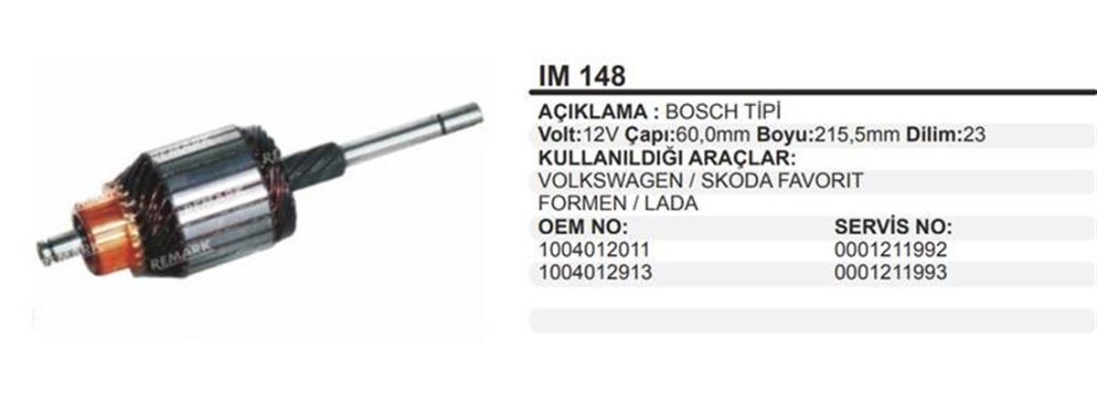 Marş Kollektörü 12v Vw-skoda-ters 60x215.5 Im148 | Remark Im148