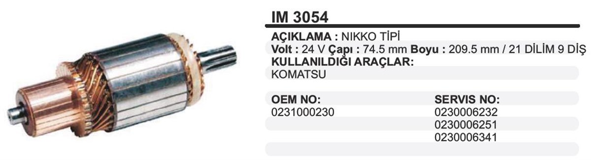 Marş Kollektörü 24v 9diş Komatsu 74.5x209.5x9-ım3054 | Ith Im3054