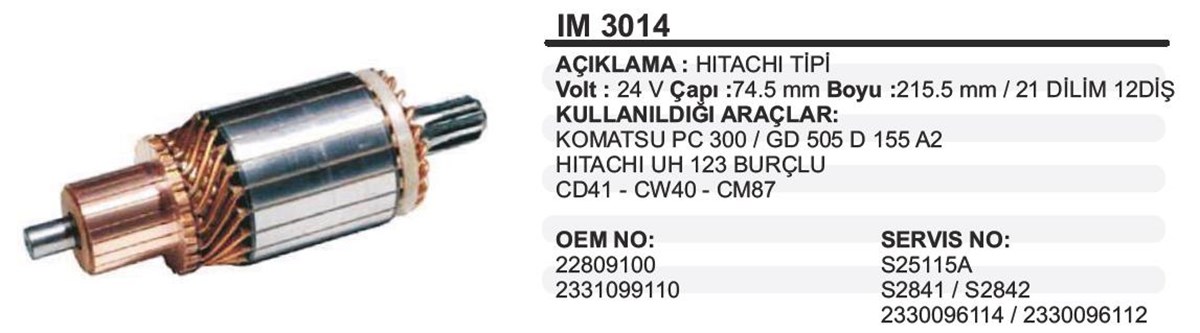 Marş Kollektörü 24v Komatsu 74.5x215.5x12-ım3014 | Ith Im3014