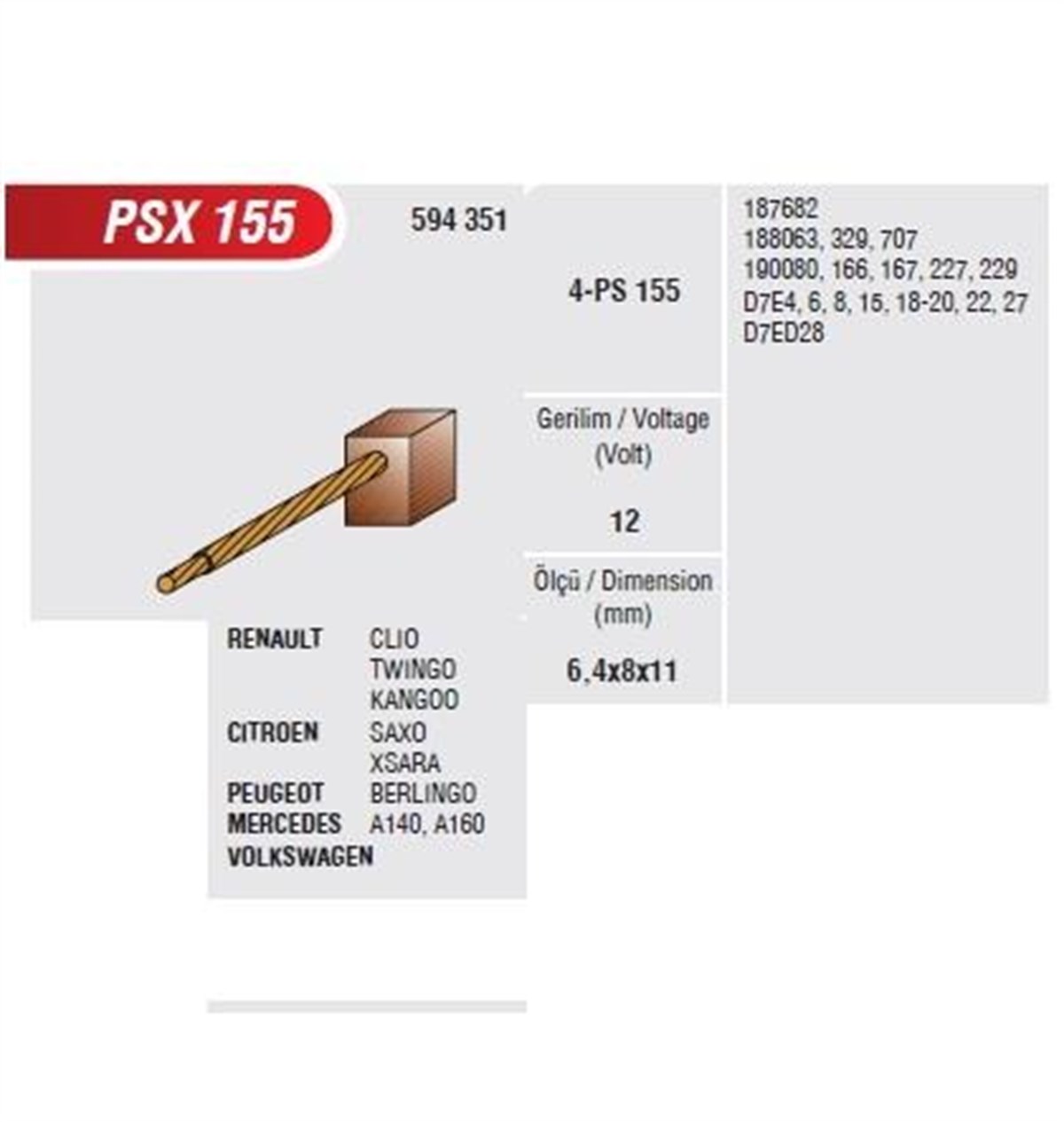 Marş Kömürü 12v 6.4x8x11 Renault Cıtroen Peugeot Mercedes Vw | Mega Psx155