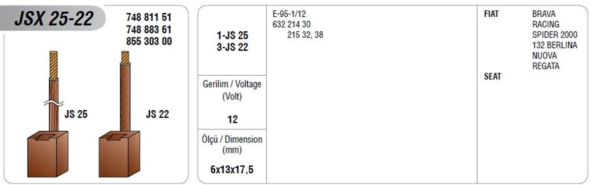 Marş Kömürü 12v Jsx25/22 6x13x17.5 | Mega Jsx25/22
