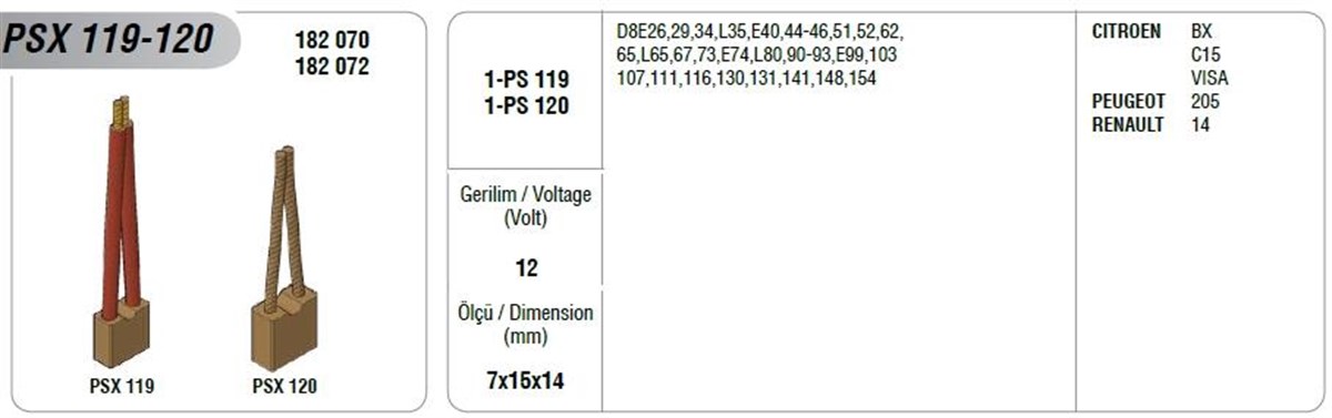 Marş Kömürü 12v Valeo Tıpı Cıtroen Bx C15 Vısa Peugeot 205 R14 Yenı Urun | Mega Psx119-120