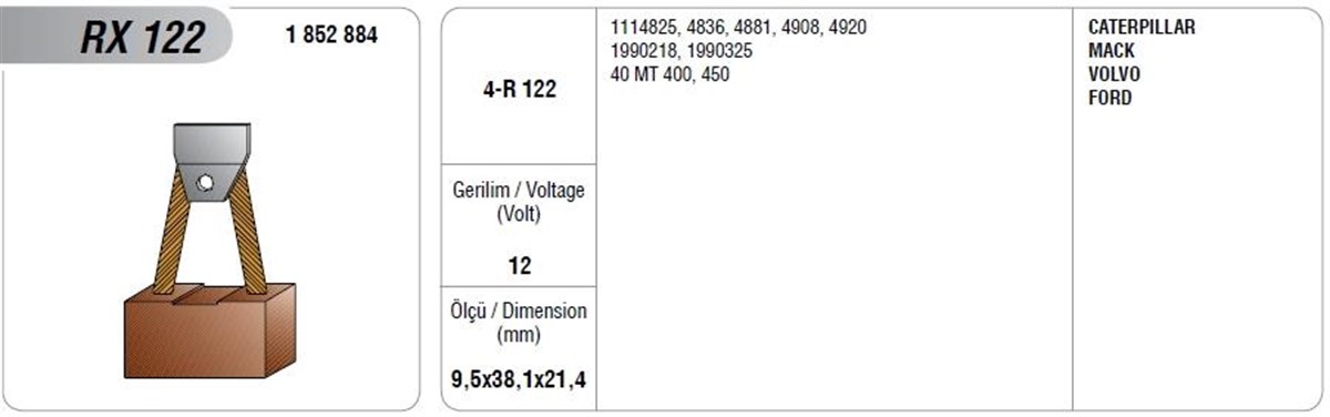 Marş Kömürü Rx-122--12v--9,5-38 Mega | Mega Rx122