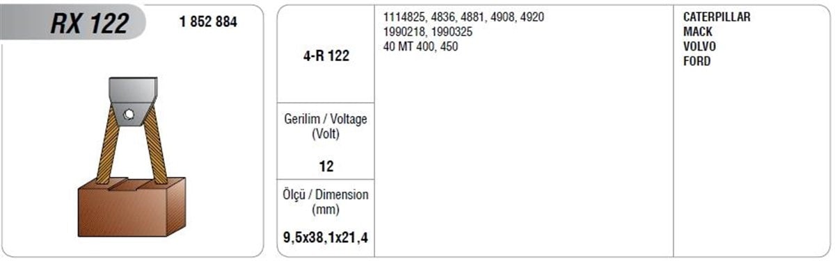 Marş Kömürü Rx-122--12v--9,5-38 Mega | Mega Rx122