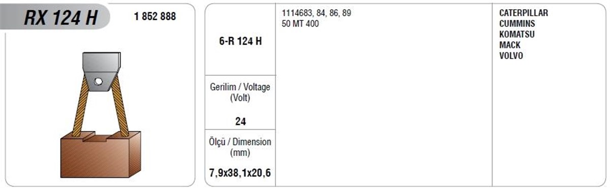 Marş Kömürü Tk 24v 50mt 8x38x21 Caterpillar Cummıns Komatsu Volvo Rx124h | Mega Rx124h